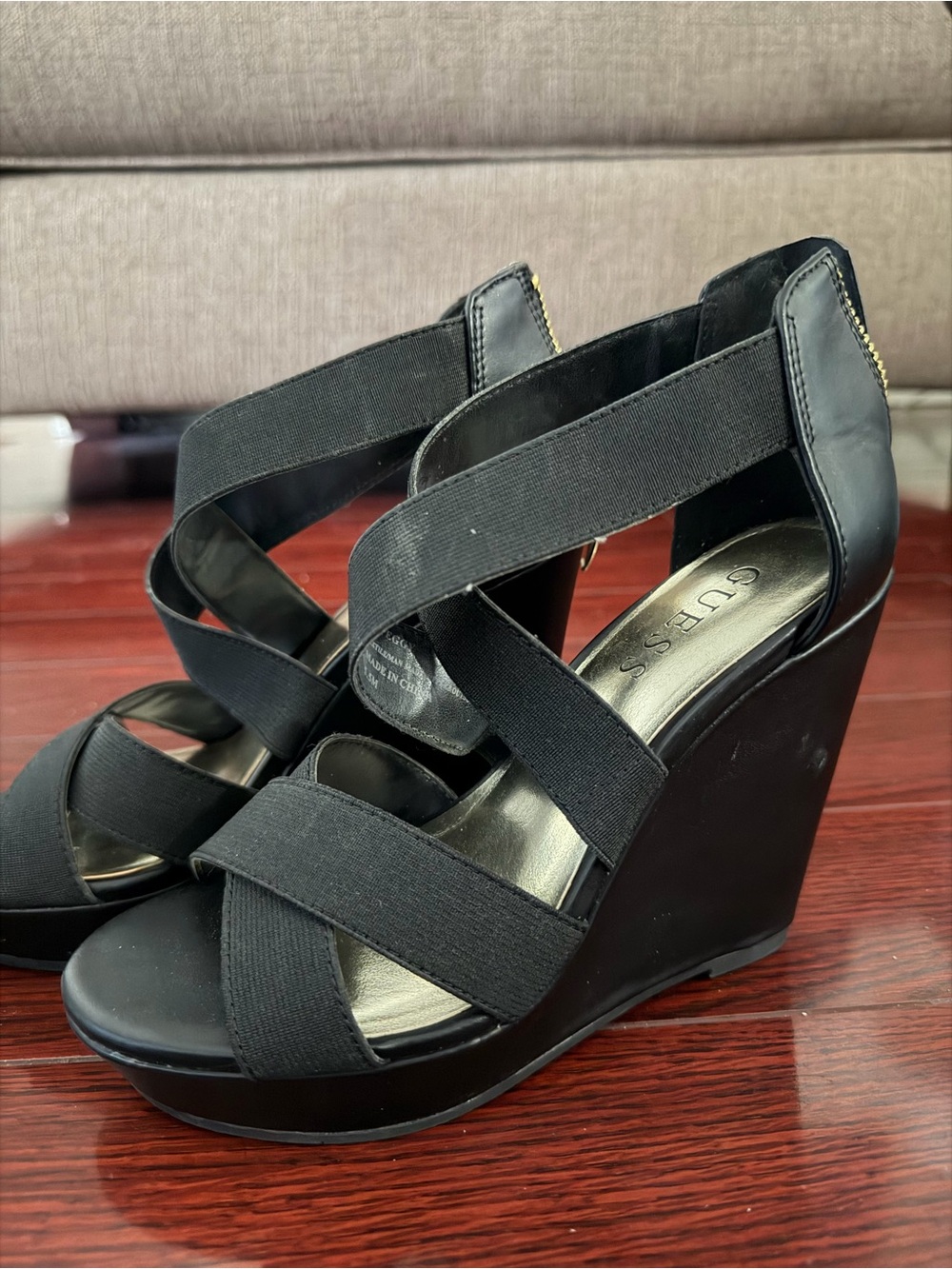 GUESS Black Crisscross Elastic Wedge Sandals